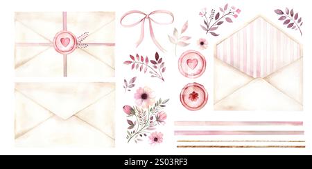 Aquarellillustration mit Umschlägen, Blumen, Wachsdrucken, Bändern und dekorativen Elementen in zarten Pastellfarben, perfekt für die Gestaltung von Karten, Hochzeitseinladungen und anderen kreativen Projekten Stockfoto