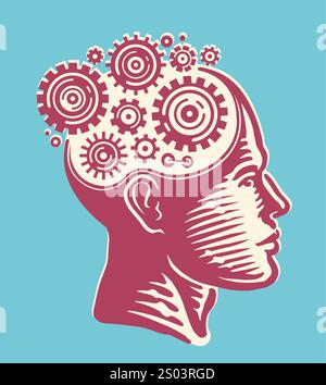 Rotierende Zahnräder im Kopf. Denkgehirn, Brainstorming, Gedankenkonzept Stock Vektor