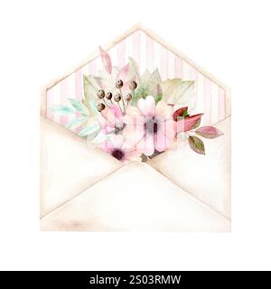 Aquarellillustration eines Umschlags mit Blumen in zarten Pastellfarben, perfekt zum Entwerfen von Karten, Hochzeitseinladungen und anderen kreativen Projekten Stockfoto