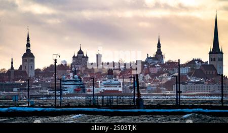 Ein malerischer Blick auf Tallinn mit historischen Gebäuden und Türmen vor einem bewölkten Himmel. Im Vordergrund befindet sich ein Gewässer mit Dock und Booten Stockfoto
