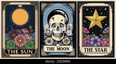 Mystische Tarotkarte die Sonne, der Stern, der Mond. Stock Vektor