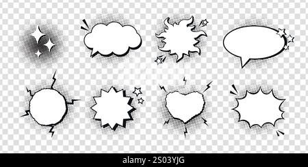 Set aus verschiedenen leeren Comic-Sprechblasen, verziert mit schwarzem Halbtonschatten im Pop-Art-Stil. Verschiedene Formen und Elemente. Vektorabbildung Stock Vektor