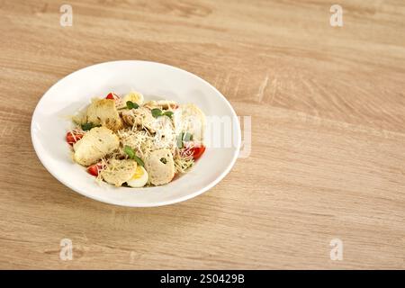 Klassischer Caesar-Salat mit gegrilltem Huhn, Croutons, Parmesan und Kirschtomaten. Stockfoto