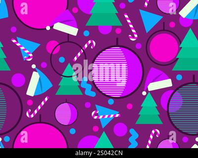 Nahtloses Weihnachtsmuster mit geometrischen Formen im Stil der 80er Jahre. Festliches Muster mit Tannen, Lutscher, Weihnachtsbällen und Weihnachtsmützen. Design für b Stock Vektor