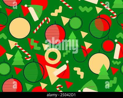 Nahtloses Weihnachtsmuster mit geometrischen Formen im Stil der 80er Jahre. Festliches Muster mit Tannen, Lutscher, Weihnachtsbällen und Weihnachtsmützen. Design für b Stock Vektor