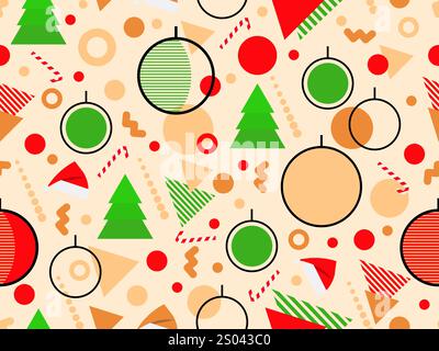Nahtloses Weihnachtsmuster mit geometrischen Formen im Stil der 80er Jahre. Festliches Muster mit Tannen, Lutscher, Weihnachtsbällen und Weihnachtsmützen. Design für b Stock Vektor