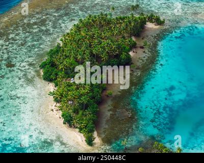 Meereslandschaft mit Insel in türkisfarbenem Salzwasser in Indonesien. Drohnenansicht aus der Luft Stockfoto