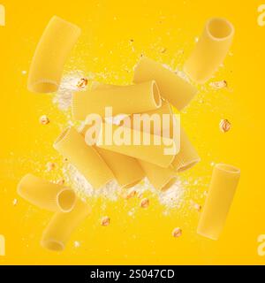 Rigatoni-Nudeln explodieren auf leuchtendem gelbem Hintergrund Stockfoto