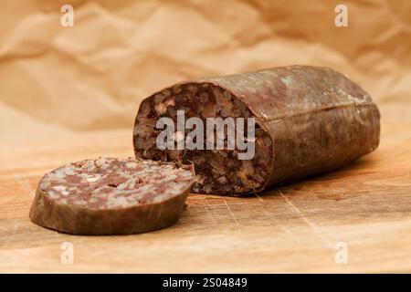 Tier, Teil, alle, Winter, schwer, erstellt, quer, geschnitten, geschnitten, Makro, Essen, Morcilla, Mbusia, Morcillona, rellena, Moronga, prieta, Rélleno, spanien, Spa Stockfoto