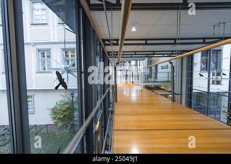 Holzbrücke mit Glaswänden in einem modernen architektonischen Interieur, Nagold Rathaus, Schwarzwald, Deutschland, Europa Stockfoto