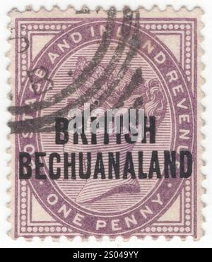 BECHUANALAND BRITISCHE KRONKOLONIE — 1891. Dezember 01: 1 Pence lilafarbener Briefmarke mit Porträt von Oueen Victoria. Stempel von Großbritannien in Schwarz aufgedruckt 'BRITISH BECHUANALAND'. Eine britische Kronenkolonie im südlichen Afrika, die das Gebiet des ehemaligen Stellaland umfasste, das 1895 an das Kap der Guten Hoffnung mit der Hauptstadt Vryburg annektiert wurde. Britische Briefmarken wurden bis 1897 auch im Bechuanaland Protektorat verwendet. Victoria (Alexandrina Victoria) war vom 20. Juni 1837 bis zu ihrem Tod 1901 Königin des Vereinigten Königreichs Großbritannien und Irland Stockfoto