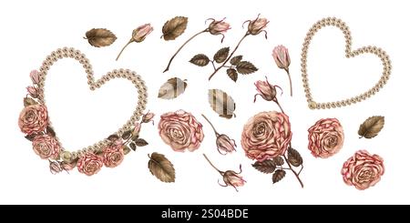 Set aus Elementen eines Aquarellstraußes aus Kaffee-Rosenblüten mit einem Perlherz in einer Bronzevase in Braun-, Rosa- und Mokkafarben-Farbpalette. . Ha Stockfoto