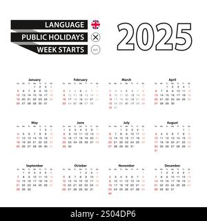 Kalender 2025 in englischer Sprache, die Woche beginnt am Sonntag. Vektorabbildung. Stock Vektor