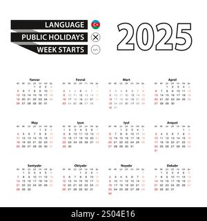 Kalender 2025 in aserbaidschanischer Sprache, die Woche beginnt am Sonntag. Vektorabbildung. Stock Vektor