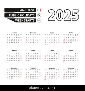 Kalender 2025 in italienischer Sprache, die Woche beginnt am Sonntag. Vektorabbildung. Stock Vektor