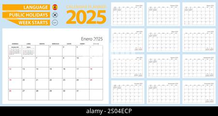 Spanischer Kalender-Planer für 2025. Spanische Sprache, die Woche beginnt am Sonntag. Vektorvorlage. Stock Vektor