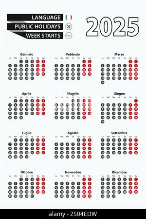 Vektor-Vorlagenkalender 2025 mit Zahl in Kreisen, einfacher italienischer Kalender für das Jahr 2025. Vektorabbildung. Stock Vektor