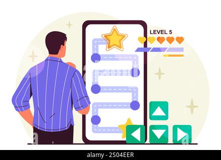 Mann, der mobiles Spiel spielt. Der junge Mann steht in der Nähe eines riesigen Smartphone-Bildschirms mit Videospiel. Gamer und Eportsman. Person besteht Ebene. Unterhaltung und Stock Vektor