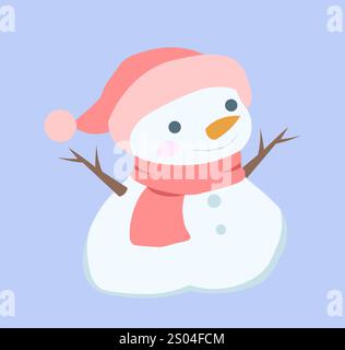 Niedlicher Schneemann im Hut. Mann aus Schneebälle mit rosa Hut und Schal. Kalte Jahreszeit, Neujahr und Weihnachten, Noel Eve. Dezember oder Januar. Charakter in warm Stock Vektor