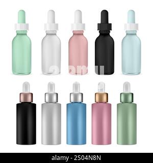 Gesicht Serum Pipette Flasche, mattes Glas Glas Vektor Modell. Flakonschablone für ätherisches Aromaöl. Pipettentropfer-Feuchtigkeitsspender-Behandlungsröhrchen mit grüner Farbe Stock Vektor