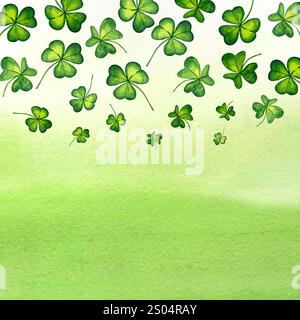 Grüner Hintergrund von Kleeblättern mit freiem Platz für Text. Aquarellillustration für St. Patrick's Day-Feiertage. Lucky Irish Klee, Symbol von St. P. Stockfoto