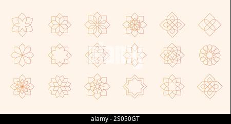 Sammlung arabischer orientalischer Vektorelemente. Traditionelle goldene Arabesken-Ikonen, Ornamente und Muster. Abstrakte Blumensymbole und Logos in Stock Vektor