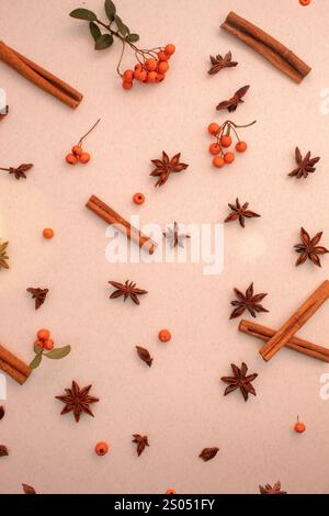 Zimtstangen und Sternanis auf hellem Hintergrund. Flache Lagen Stockfoto