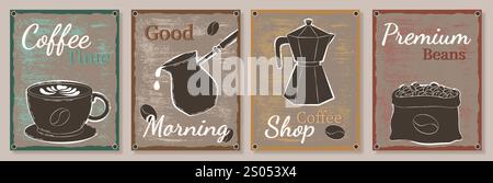 Kaffeeposter Set. Aroma und Getränk. Tasse mit heißem Getränk, Mahlwerk und Teekanne. Americano und Cappuccino. Flyer und Broschüren für Cafés. Flach Stock Vektor