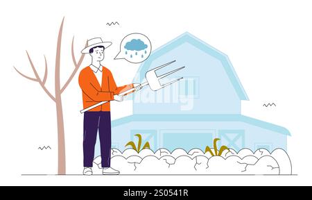 Mann mit Dürre. Farmer in der Nähe der Wüste und trockenes Holz, Baum. Klimawandel und Umweltprobleme. Landwirtschaft und Landwirtschaft. Weltweit ökologisch Stock Vektor