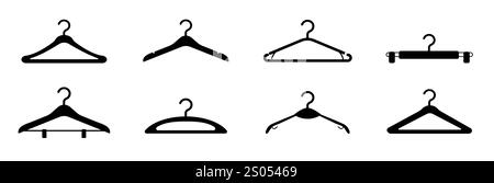 Set mit Aufhängesymbolen. Kleiderbügel aus Metall und Holz. Modeboutique, Bekleidungsgeschäft und Kleiderschrank. Mode, Trend und Style. Kollektion flacher Vektoren Stock Vektor