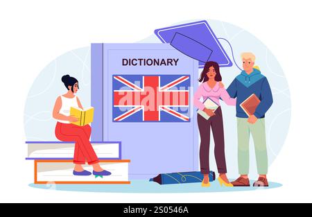 Die Schüler lernen Englisch. Mann und Frau in der Nähe von Grammatiklehrbuch mit britischer Flagge. Allgemeine und berufliche Bildung. Touristen, die sich auf Reisestudenten vorbereiten Stock Vektor