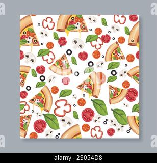 Nahtloses Muster mit Pizza. Wiederkehrendes Designelement zum Drucken auf Stoff. Scheiben mit Gemüse. Pfeffer, Tomaten und Pilze. Fastfood und Stock Vektor