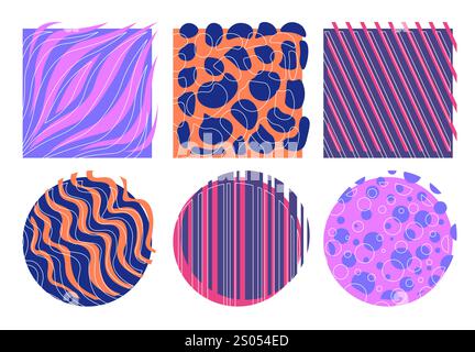 Pop-Style-Elemente-Set. Violette Wellenmuster und Ornamente. Textur und Hintergrundbild. Kunstobjekte im Memphis-Stil. Runde Aufkleber. Kollektion flacher Vektoren Stock Vektor