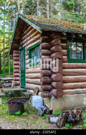 Eine Blockhütte mit grüner Tür und Fenstern. Die Hütte ist von Bäumen umgeben und hat einen Picknicktisch draußen Stockfoto