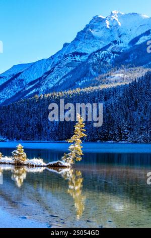 Eine Bergkette spiegelt sich im Wasser. Das Bild hat eine ruhige und friedliche Stimmung. Die schneebedeckten Bäume und das ruhige Wasser schaffen ein Gefühl von tran Stockfoto