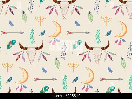 Nahtloses Western-Muster. Wiederkehrendes Designelement zum Drucken auf Stoff. Schädel des Pferdes, Pfeile mit Federn. amerikanische Stammeskultur und Stock Vektor