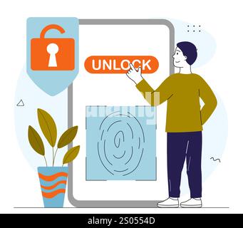 Mit Fingerabdruck entsperren. Mann mit biometrischen Daten entsperrt Smartphone. Sicherheit von Schutzdaten auf Mobiltelefonen. Autorisierung und Authentifizierung. Linear Stock Vektor