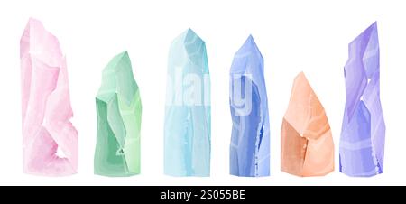 Aquarellkristalle Set. Rosafarbene, grüne, blaue und orangene Steine und Mineralien. Diamanten und Edelsteine. Kristall und Schmuck. Kollektion flacher Vektoren Stock Vektor