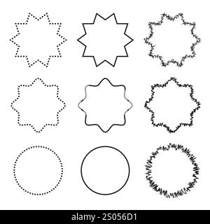 Geometrische Sternformen. Abstrakte gepunktete Umrisse. Kreative Rahmensymbole. Vektorschwarzes Design. Stock Vektor