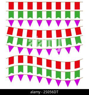 Farbenfrohe festliche Girlanden. Weihnachtsdekoration Banner. Lebendige Partyelemente. Zeichenfolgen für Vektor-Flag. Stock Vektor