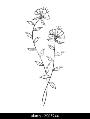 Handgezeichnete Liniengrafik blühende Blumen. Design für Einladungen, Tattoos und Hintergründe, botanische Vektorillustrationen Stock Vektor