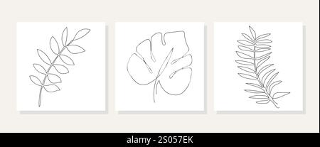 Eine Linie, die Vektor-Monstera-Blätter und Palmenblätter zeichnet. Moderne einzeilige Kunst, ästhetische Kontur. Perfekt für Wohnkultur wie Poster, Wandbilder Stock Vektor