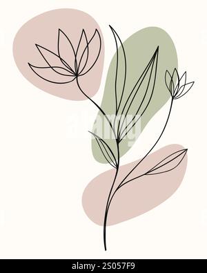 Eine Zweigillustration im japanischen Boho-Stil mit Blumen und Blättern, perfekt für von der Natur inspirierte Designs. Stock Vektor