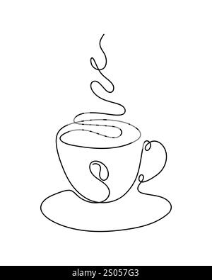 Handgezeichnete One Continuous Line Kunst mit heißer Kaffeetasse und Bohnen. Vektorabbildung Stock Vektor