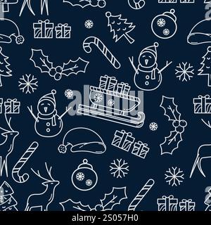 Ein festliches nahtloses Muster mit blauem Weihnachtsmotiv und handgezeichneten Doodle-Elementen. Perfekt für Urlaubsmotive, Geschenkverpackungen und saisonale Designs Stock Vektor