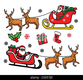 Eine farbenfrohe Sammlung von Weihnachts-Zeichentrickelementen, darunter Weihnachtsmann, Schneemann, Geschenke, Kiefer, und festliche Dekorationen. Stock Vektor