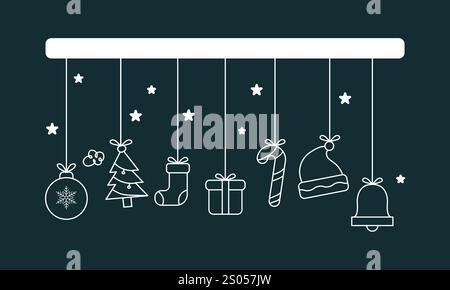 Hängende Weihnachtssymbole Dekorationen mit Lampe, weihnachtsbaum, Schuhen, Süßigkeiten, weihnachtsmütze und Glocke isoliert auf grünem Hintergrund. Perfekt für Urlaubs-Greeti Stock Vektor