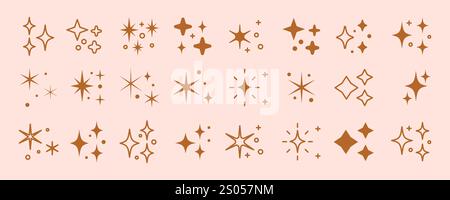 Eine Kollektion goldener Sternvektorsymbole in modernen flachen und Linienstilen. Perfekt für Auszeichnungen, Erfolge, Bewertungen und dekorative Zwecke in beiden Bereichen Stock Vektor