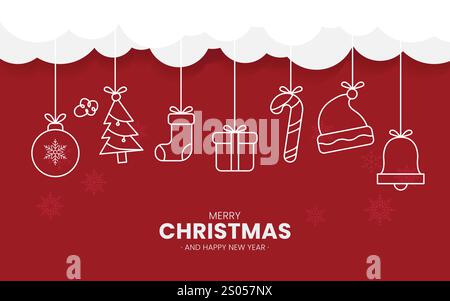 Fröhlicher Weihnachtstext mit hängenden Elementen auf rotem Hintergrund - perfekt für Grußkarten und Banner Stock Vektor