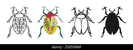 Käfer-Symbol-Zeichentrickset. Abstraktes lineares Bug-Symbol. Stilisierte Volkskunst Insekten flache handgezeichnete Emblem Kollektion. Einfache Kritzeleien oder Silhouettenspaß Stock Vektor